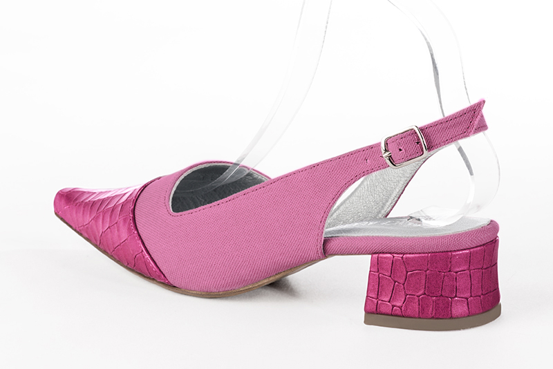 Fuschia pink women's slingback shoes. Pointed toe. Low flare heels. Rear view - Florence KOOIJMAN